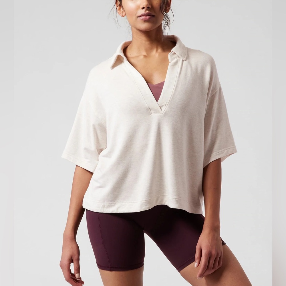 Athleta Cream V-Neck Short Sleeve Polo Sweater
